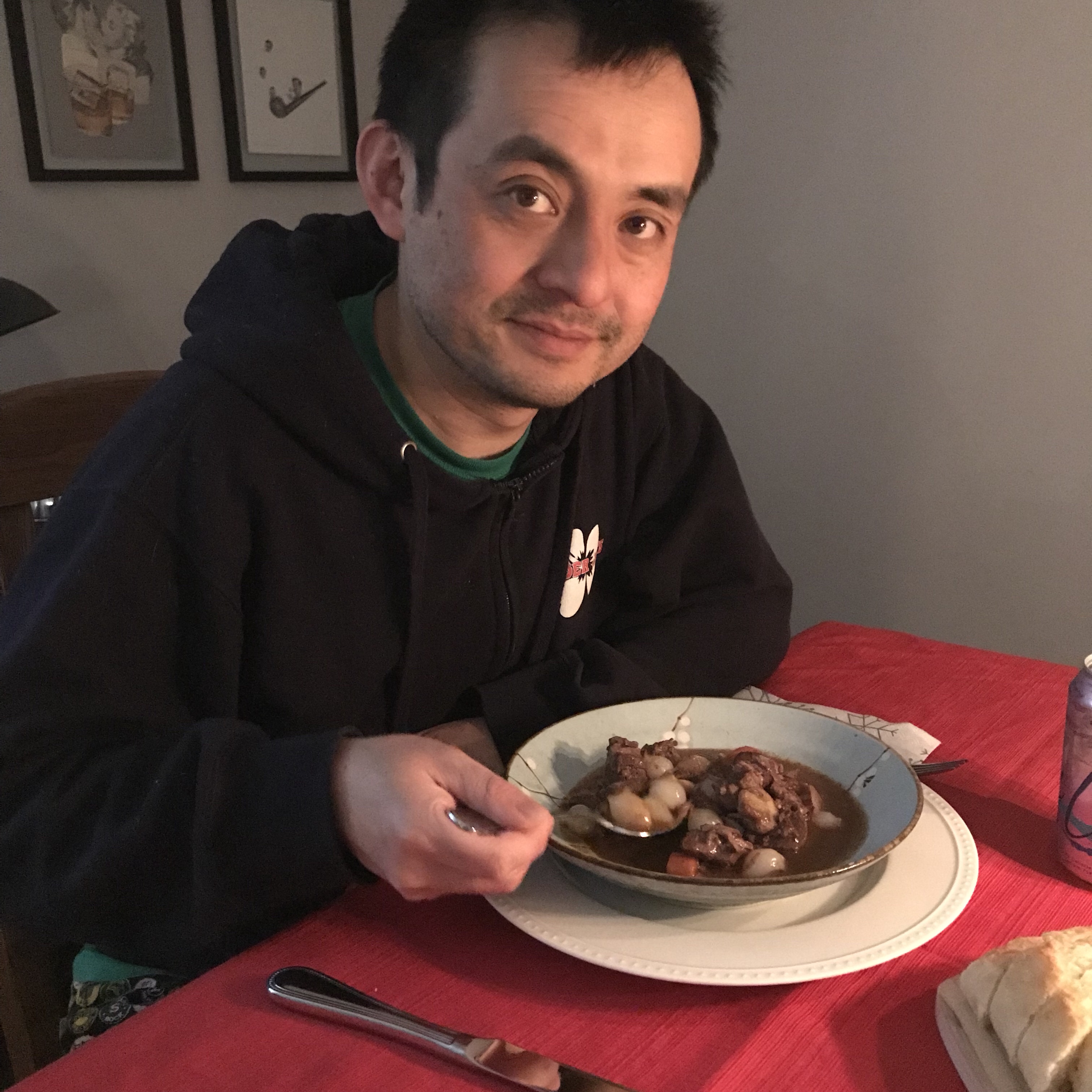 Naoto eating Christmas dinner, Julia Child's beef bourguignon 